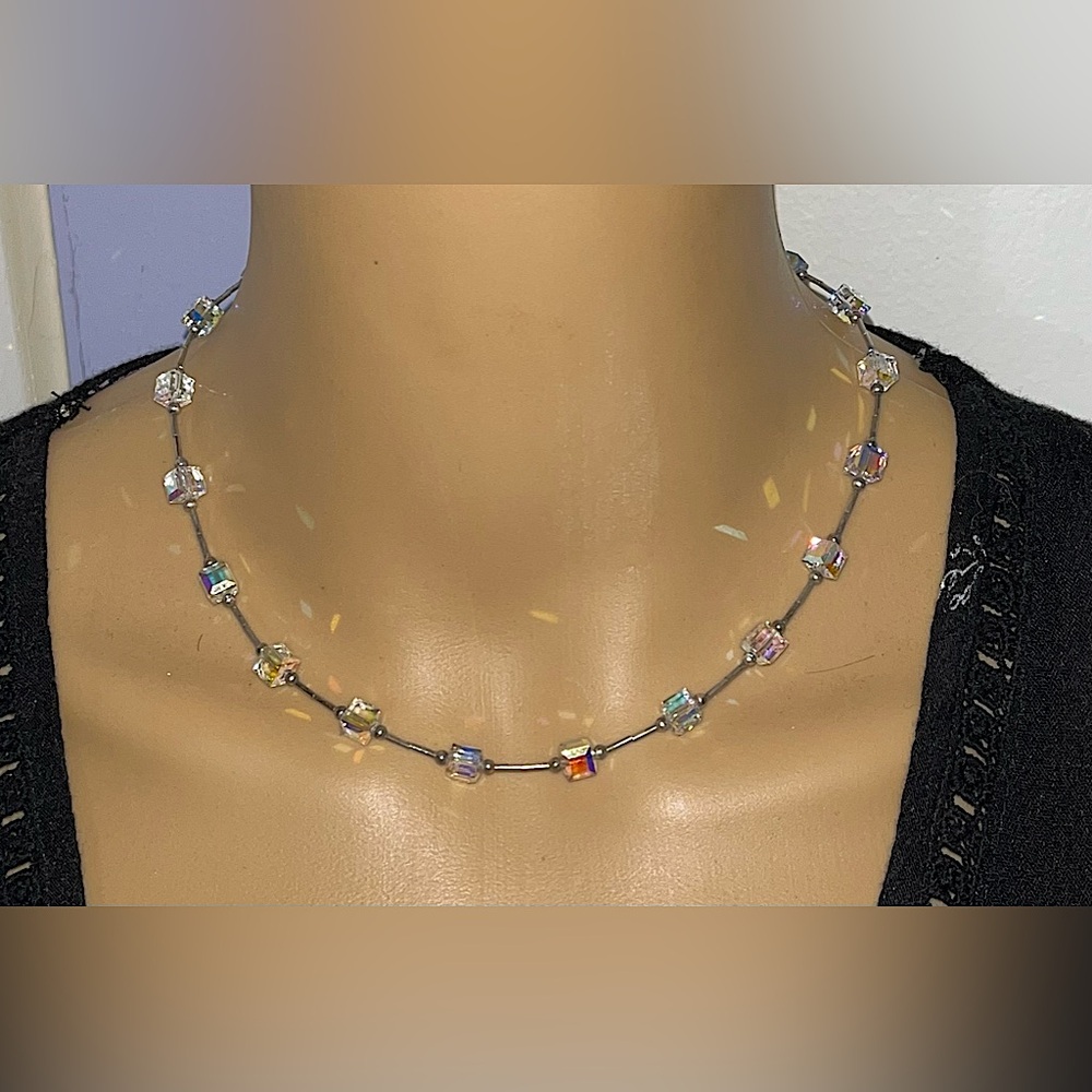 Vintage Sterling Silver Crystal Necklace 16” length